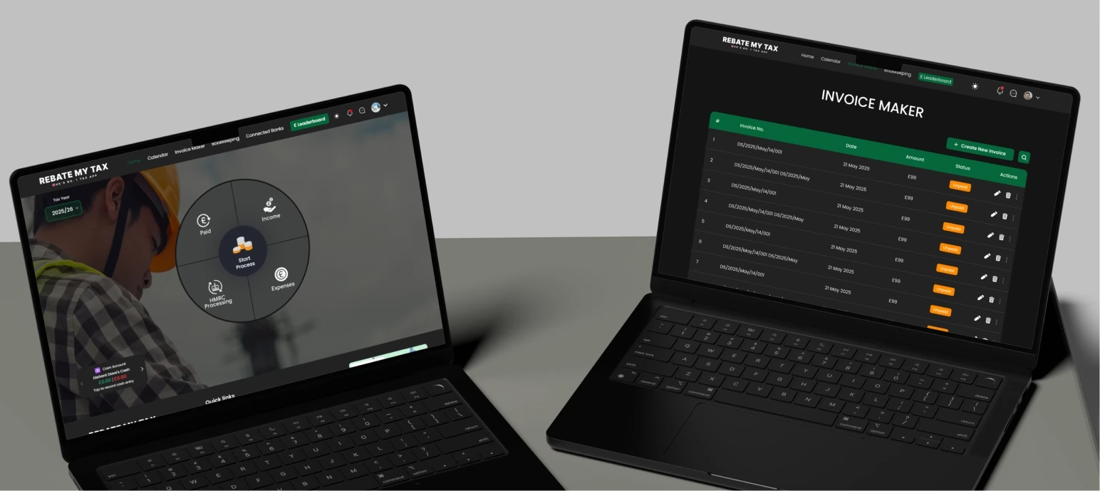 Rebate My Tax web portal dashboard screens